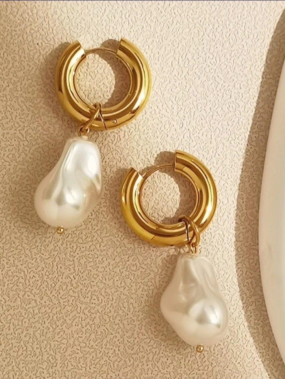 Gold Baroque Pearl Dangle Huggie Hoop Earrings 2 in 1